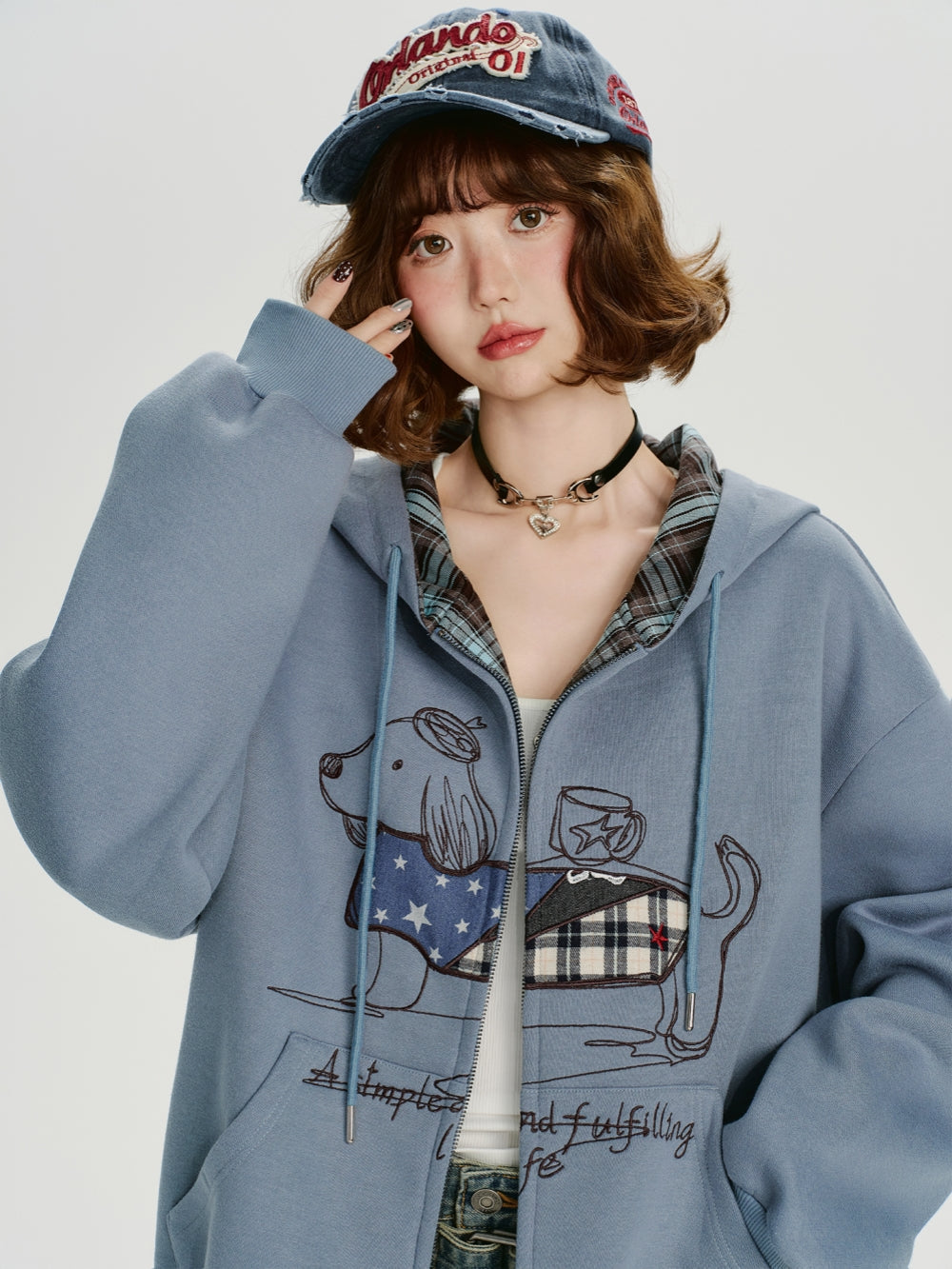 Cute Puppy Embroidery Zip-Up Hoodie Top