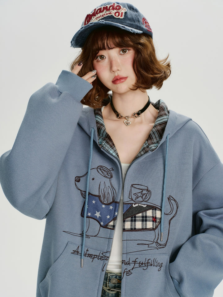 Cute Puppy Embroidery Zip-Up Hoodie Top