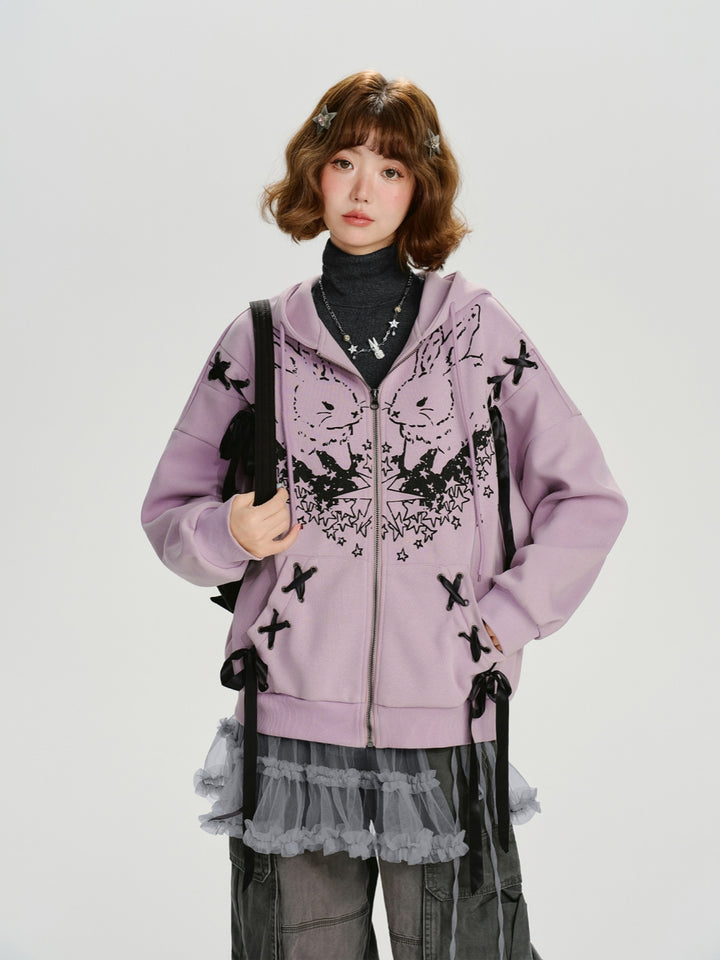 Rabbit Printed Zip-Up Hoodie Top