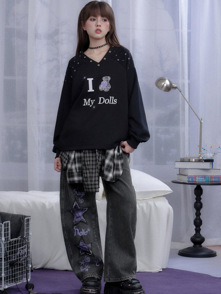 Cute Star Bear Graphic Sweatshirt Top