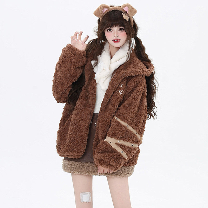 Cute Puppy Ears Fuzzy Lamb Fleece Jacket