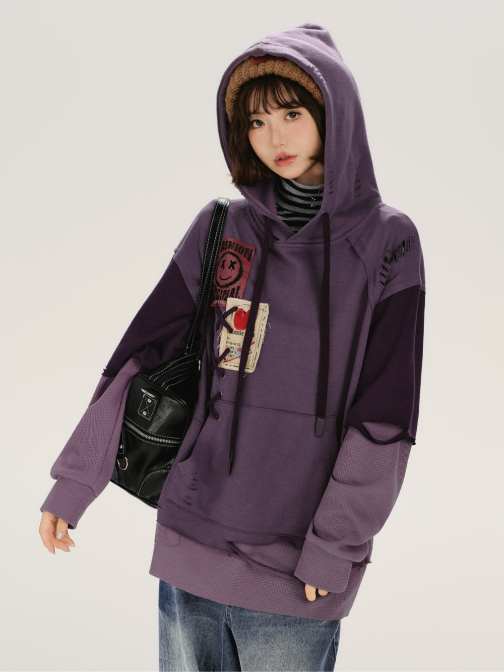 Distressed Rip Detail Fake Two-Piece Hoodie