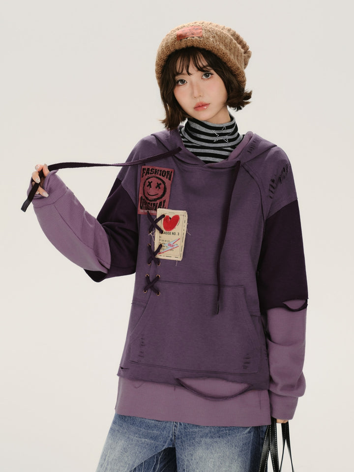 Distressed Rip Detail Fake Two-Piece Hoodie