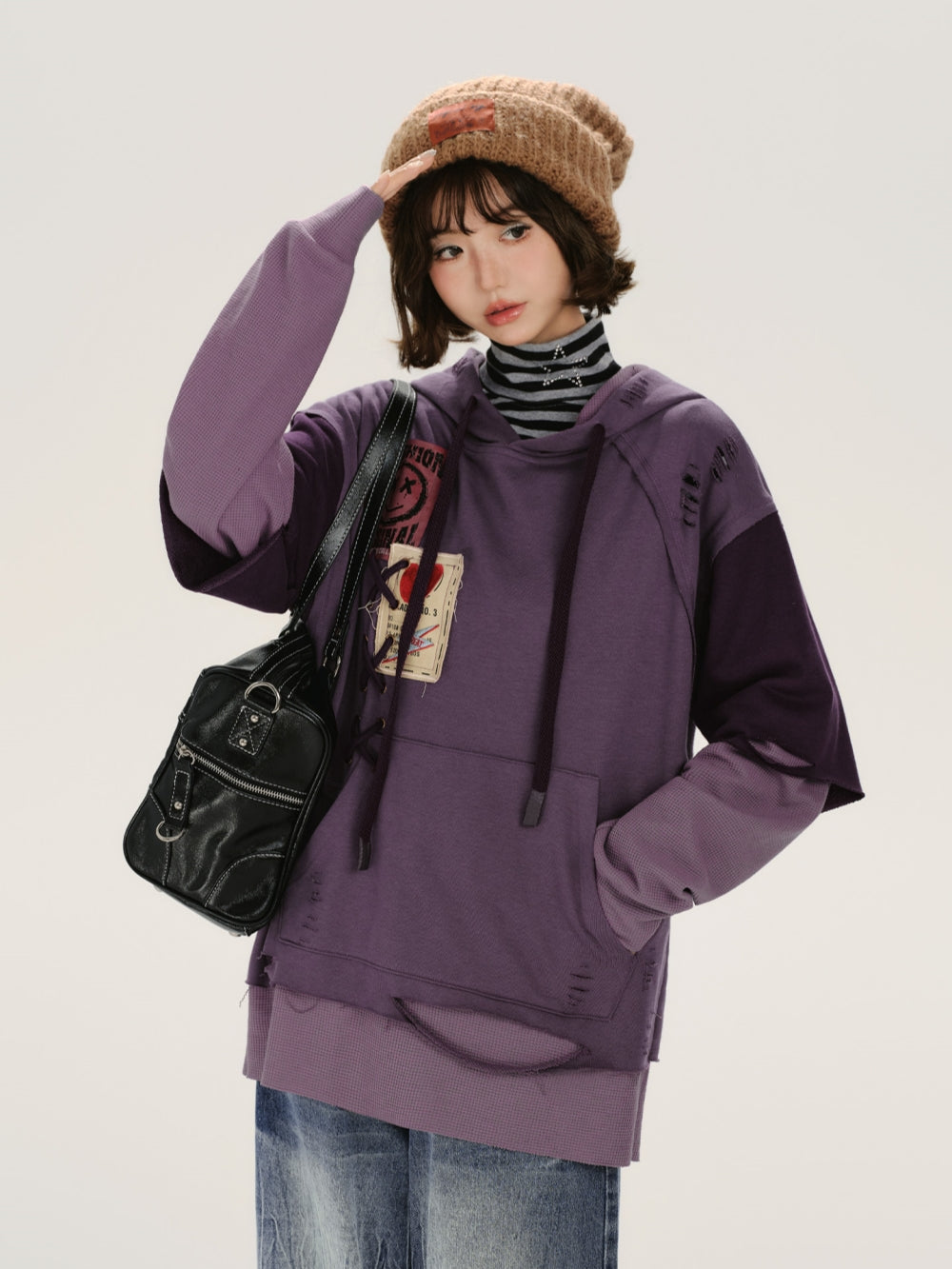 Distressed Rip Detail Fake Two-Piece Hoodie