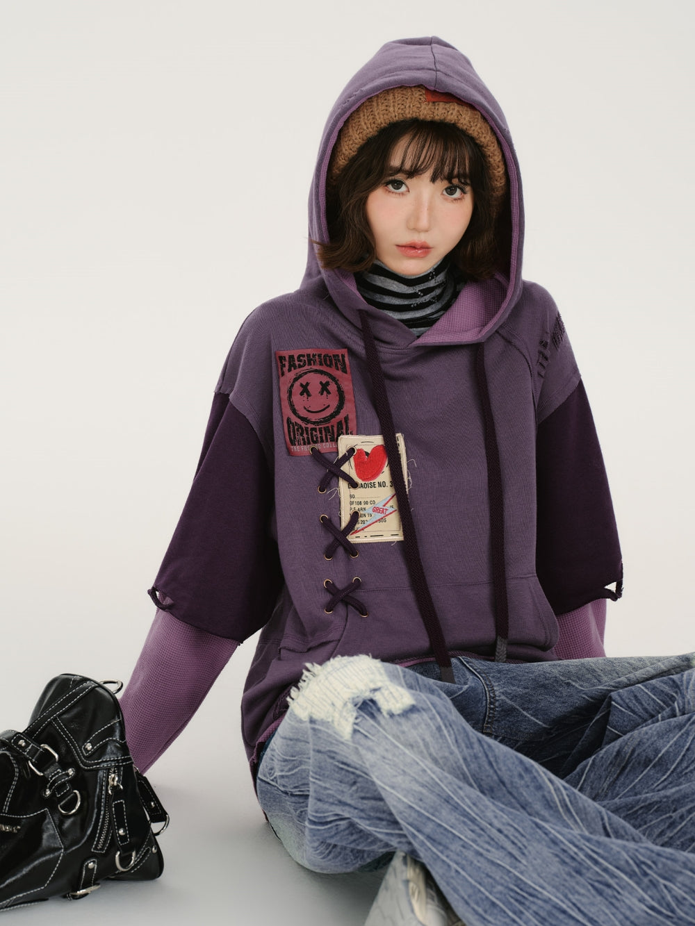 Distressed Rip Detail Fake Two-Piece Hoodie