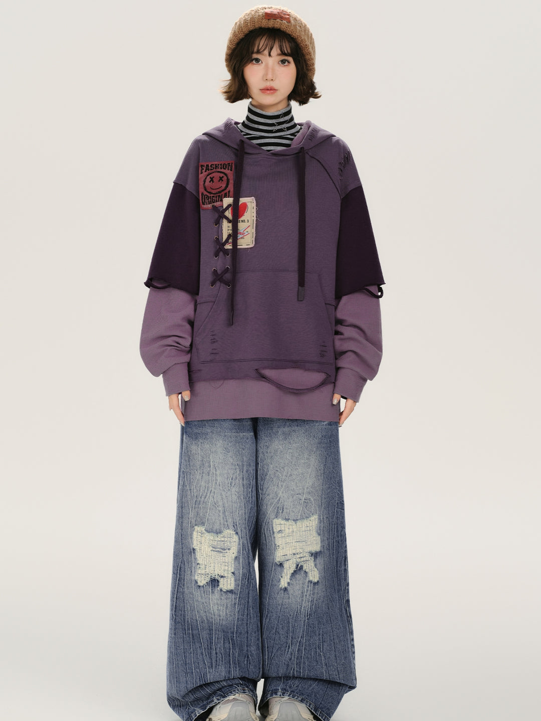 Distressed Rip Detail Fake Two-Piece Hoodie