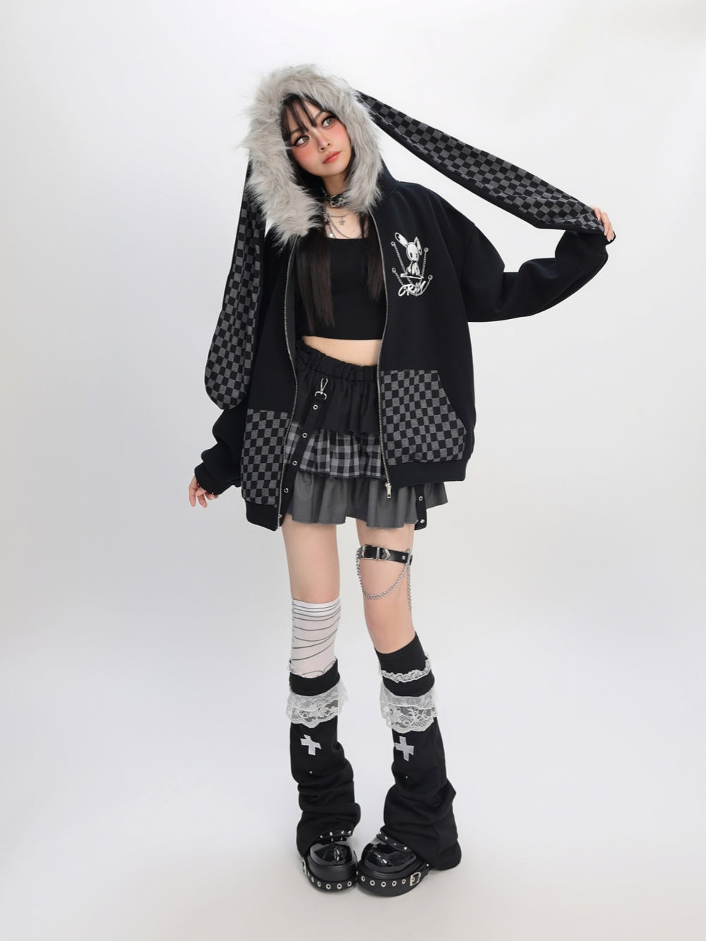 Edgy Rabbit Hoodie - Plaid and Color Block Oversized Streetwear
