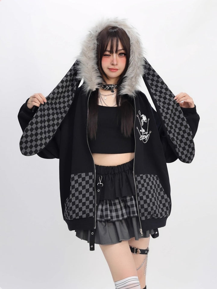 Edgy Rabbit Hoodie - Plaid and Color Block Oversized Streetwear