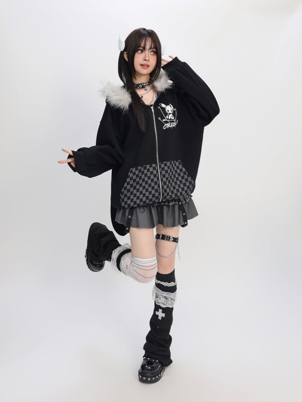 Edgy Rabbit Hoodie - Plaid and Color Block Oversized Streetwear