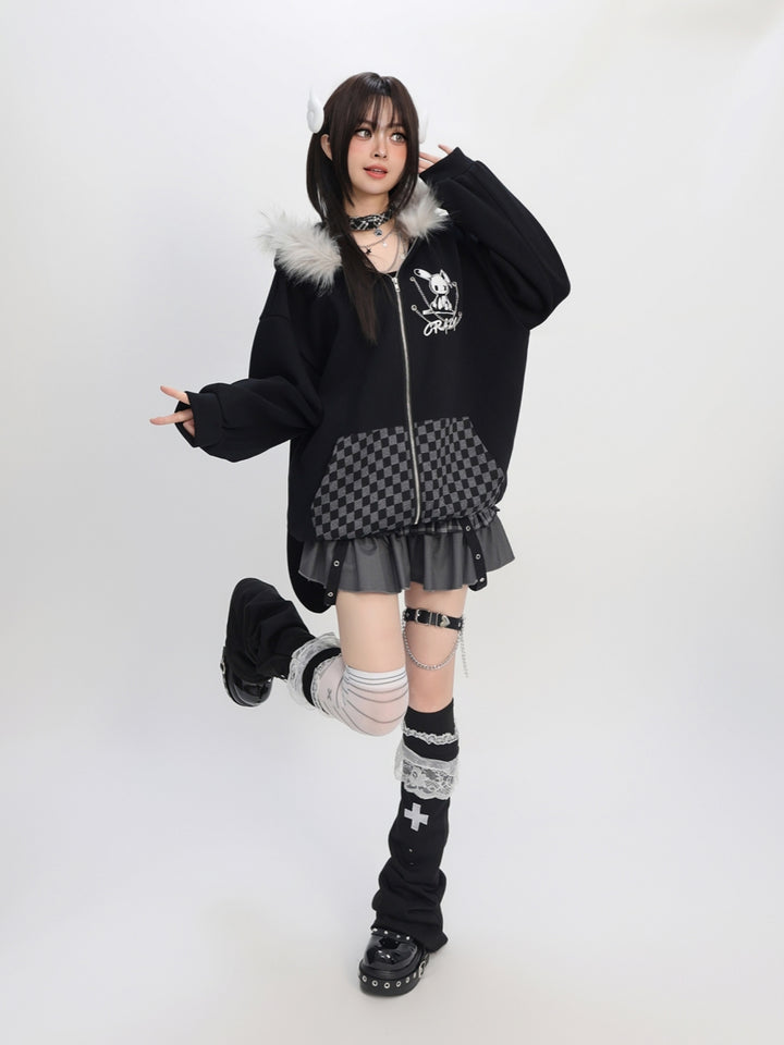 Edgy Rabbit Hoodie - Plaid and Color Block Oversized Streetwear