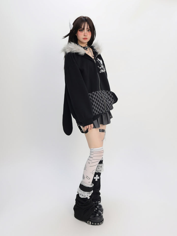 Edgy Rabbit Hoodie - Plaid and Color Block Oversized Streetwear