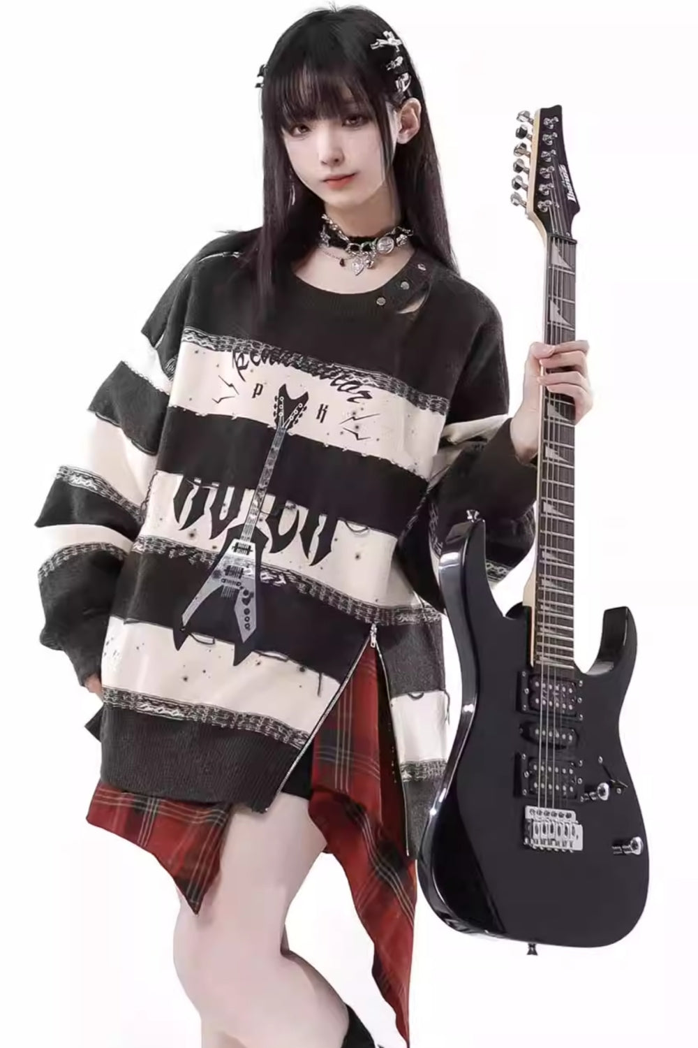 Guitar Stripes with Zip Detail Spring/Summer Casual Sweater / Skirt Coordinated Set