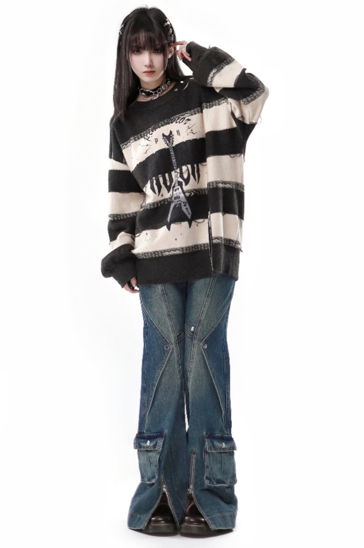 Guitar Stripes with Zip Detail Spring/Summer Casual Sweater / Skirt Coordinated Set