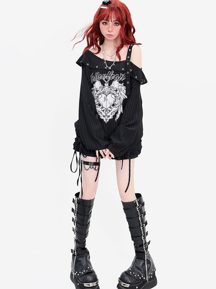 Black Y2K Drawstring Loose-Fit Long Sleeve Asymmetric Off-Shoulder Thin Top for Spring/Autumn
