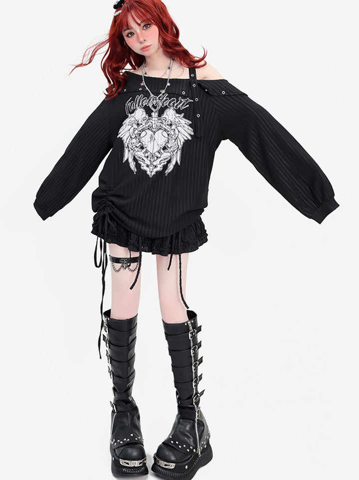 Black Y2K Drawstring Loose-Fit Long Sleeve Asymmetric Off-Shoulder Thin Top for Spring/Autumn