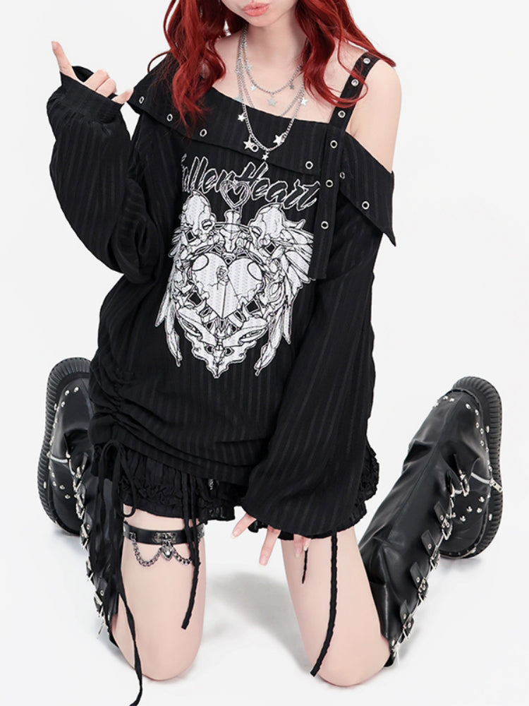 Black Y2K Drawstring Loose-Fit Long Sleeve Asymmetric Off-Shoulder Thin Top for Spring/Autumn