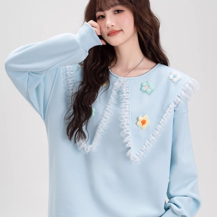 Embroidered Collar Lace Trim Sweatshirt