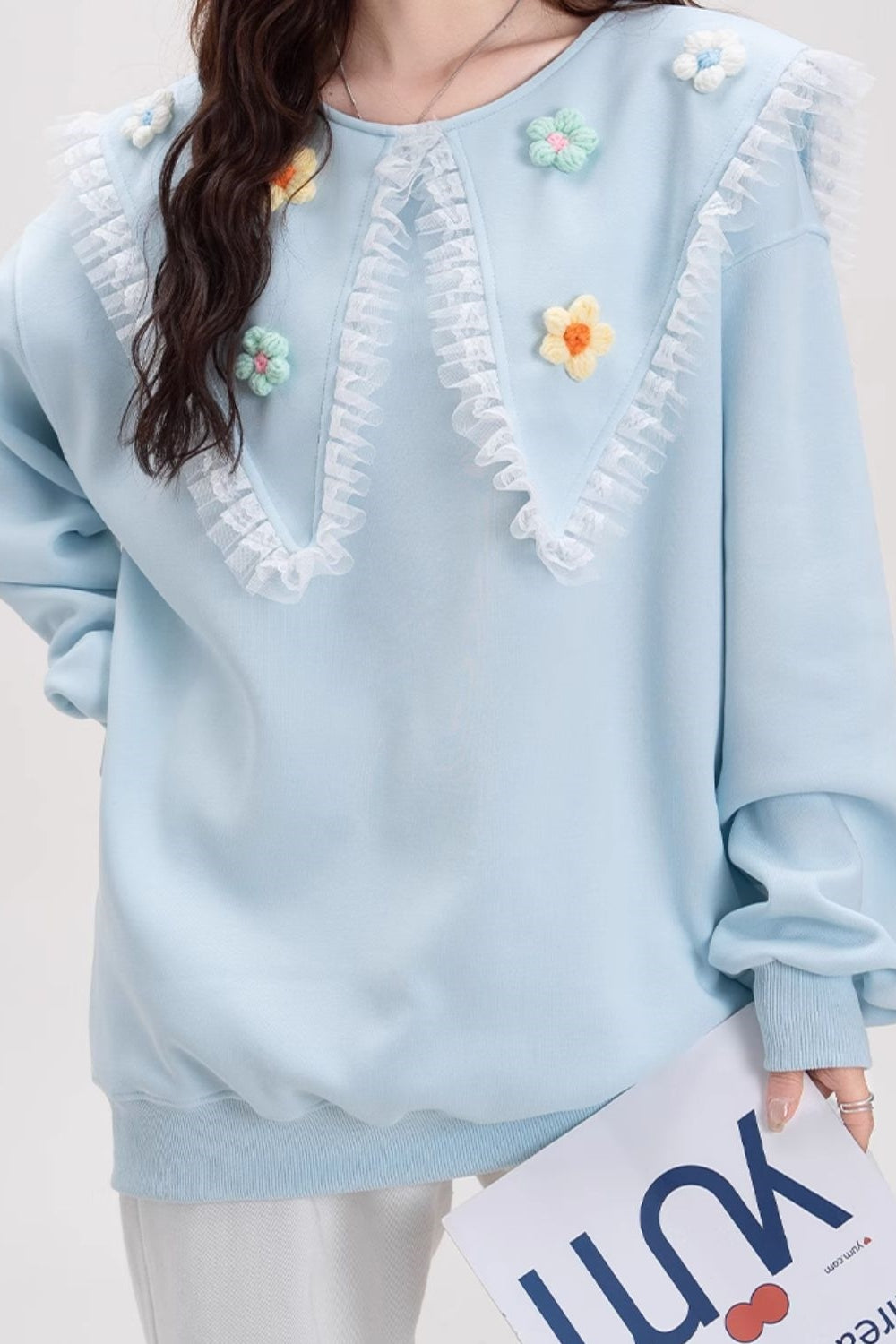 Embroidered Collar Lace Trim Sweatshirt