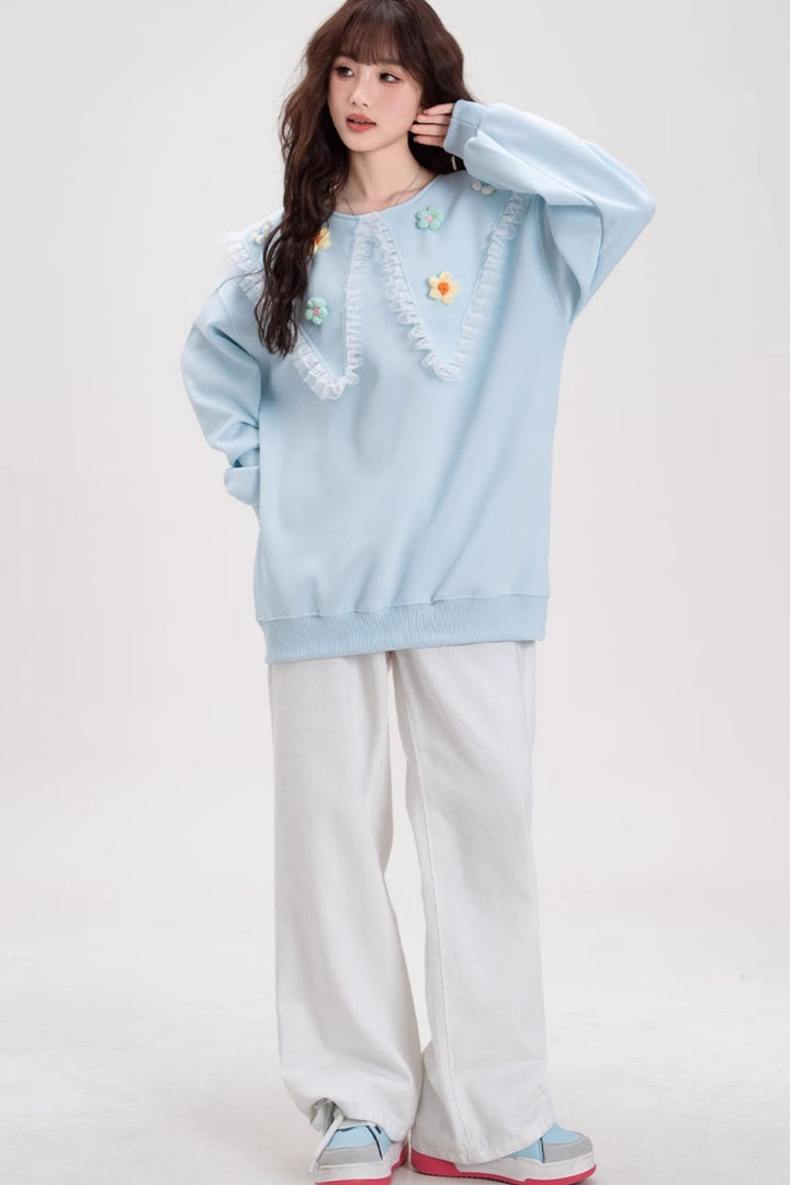 Embroidered Collar Lace Trim Sweatshirt