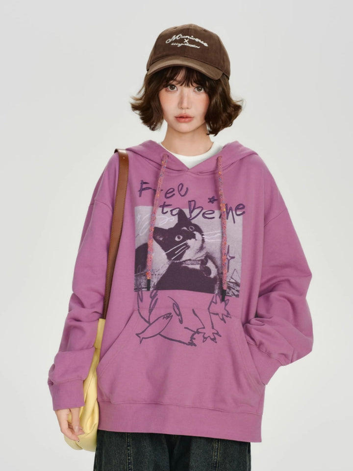 Playful Cat Graphic Embroidered Text Hoodie