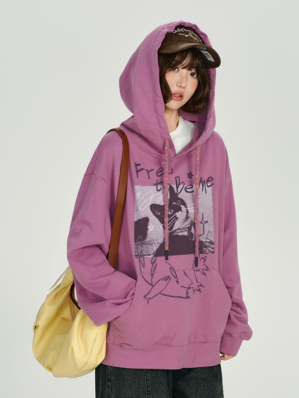 Playful Cat Graphic Embroidered Text Hoodie