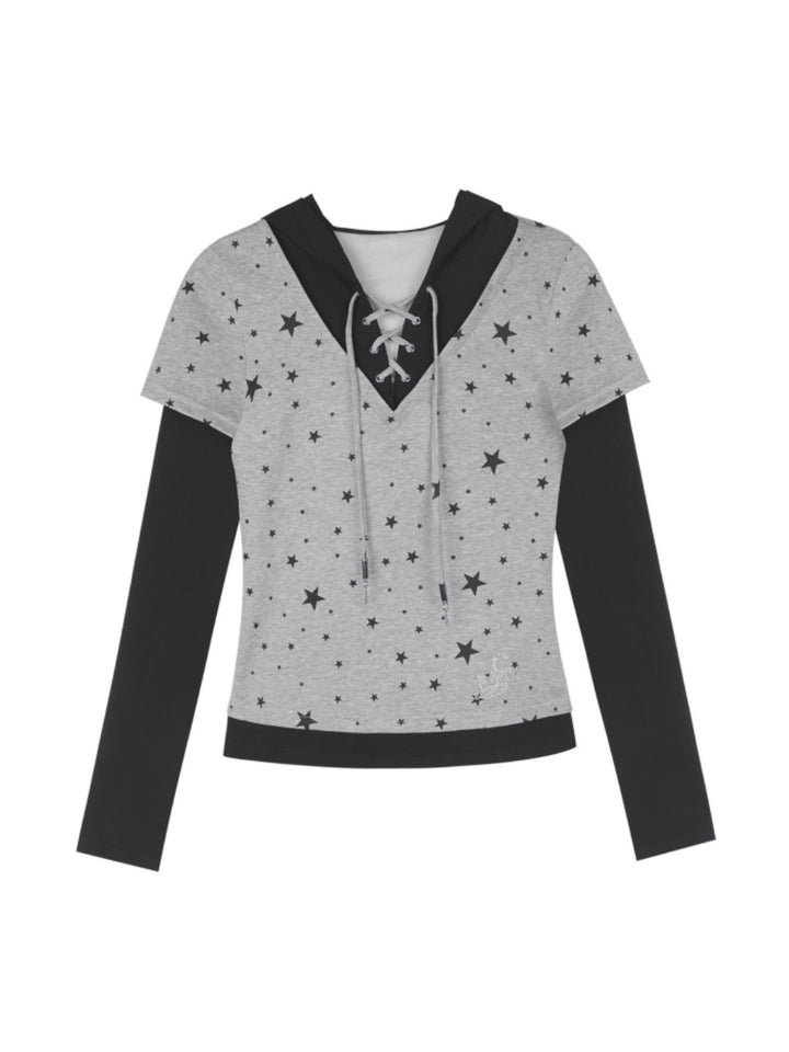 False Two-Layer Star Print Hooded Top