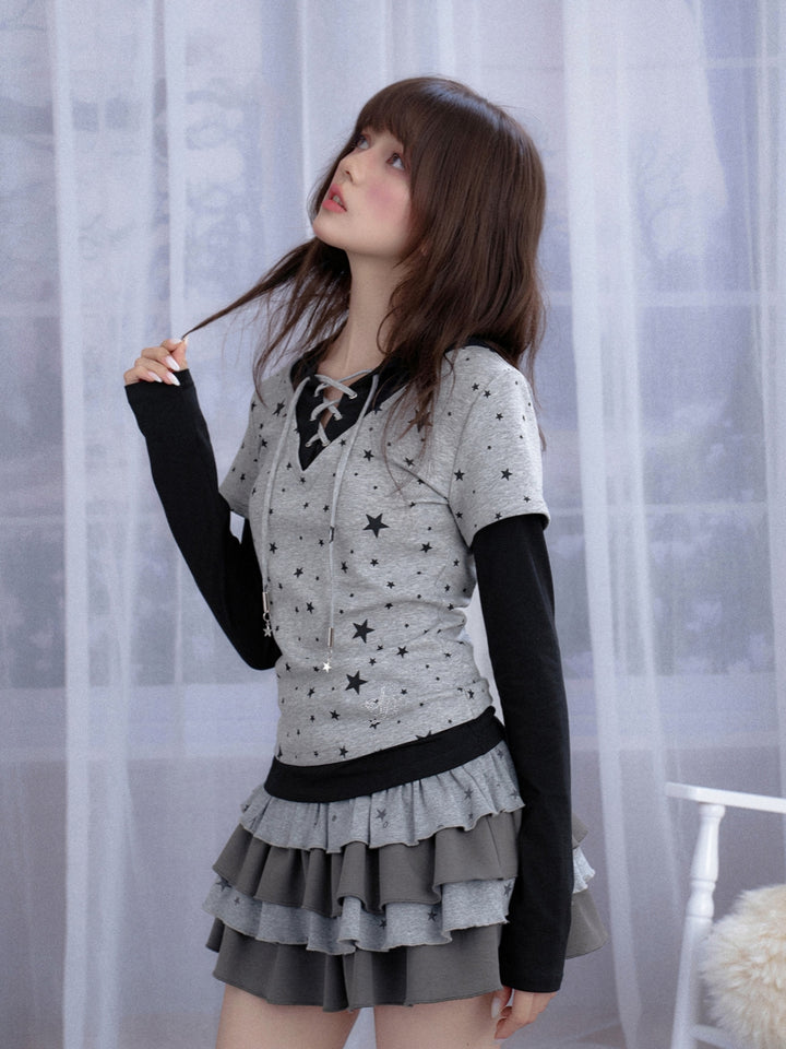 False Two-Layer Star Print Hooded Top