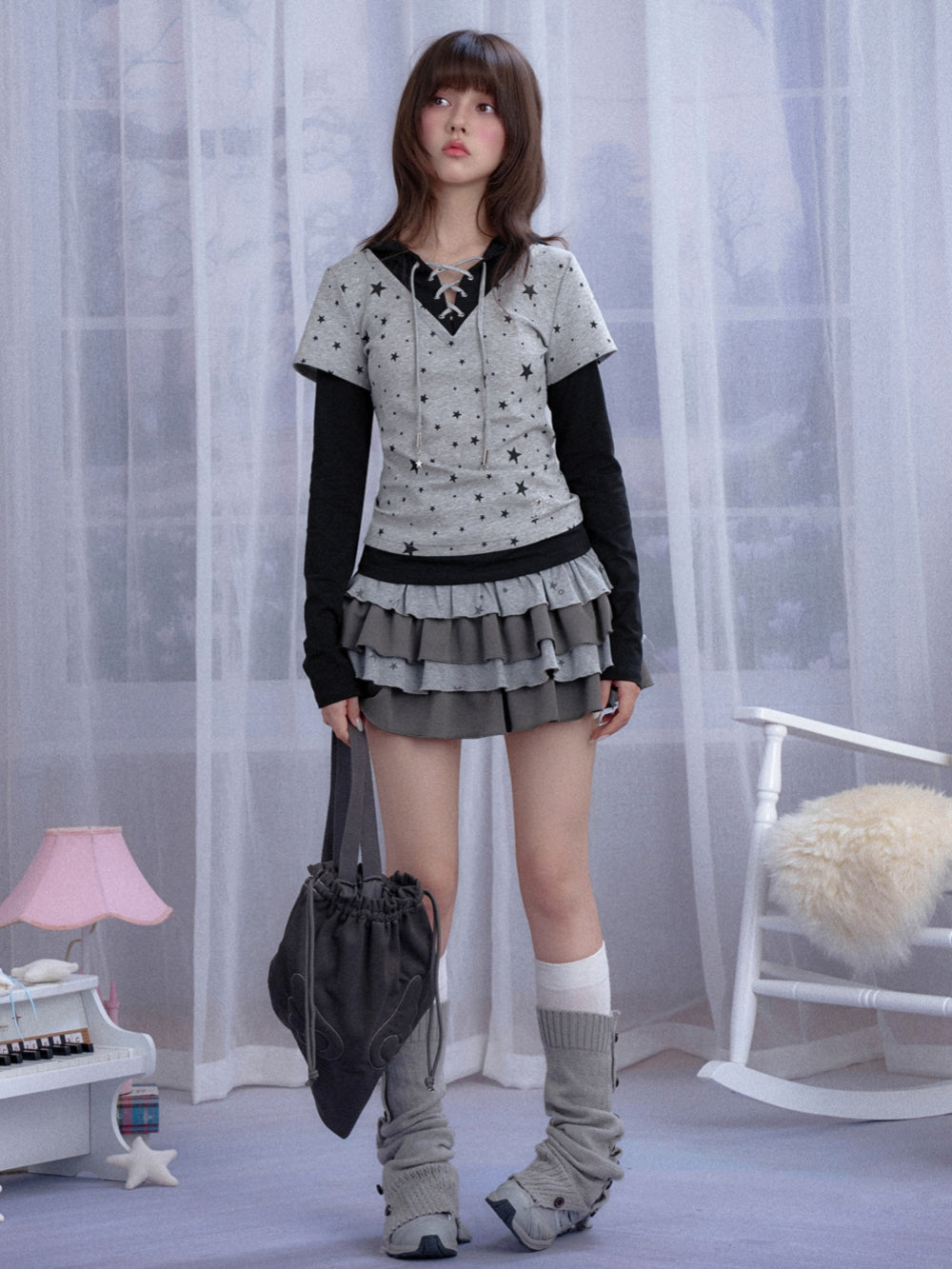 False Two-Layer Star Print Hooded Top