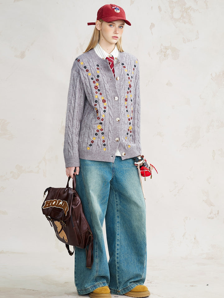 Flower Pattern Jacquard Knit Open Front Cardigan