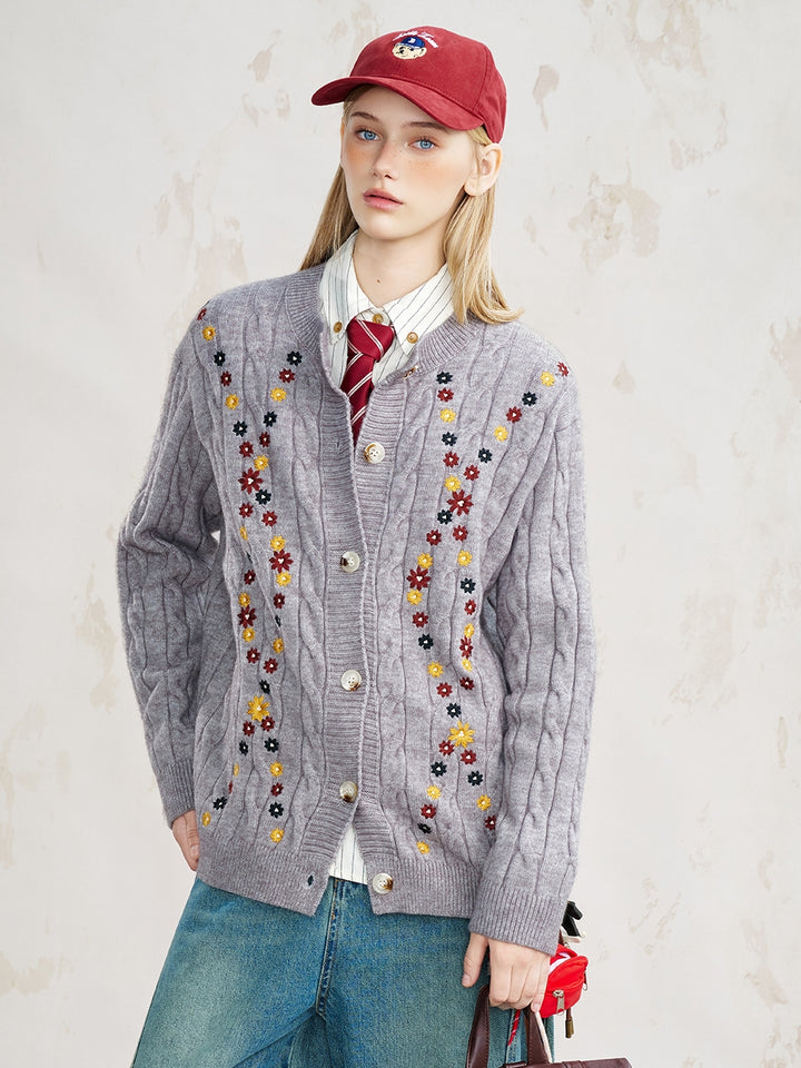 Flower Pattern Jacquard Knit Open Front Cardigan