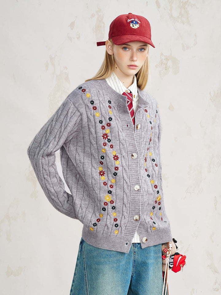 Flower Pattern Jacquard Knit Open Front Cardigan