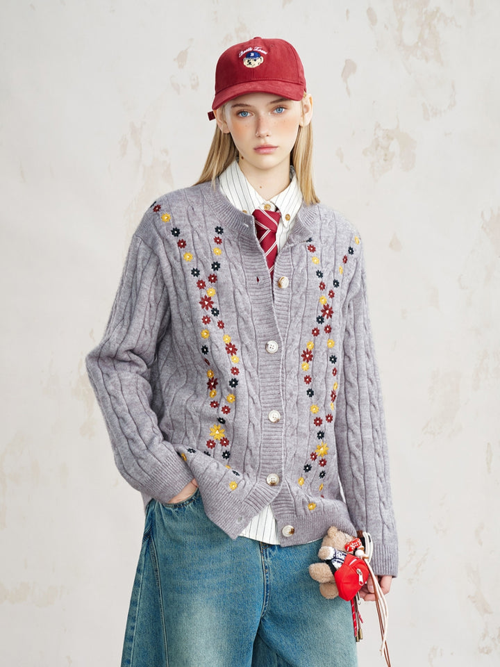 Flower Pattern Jacquard Knit Open Front Cardigan