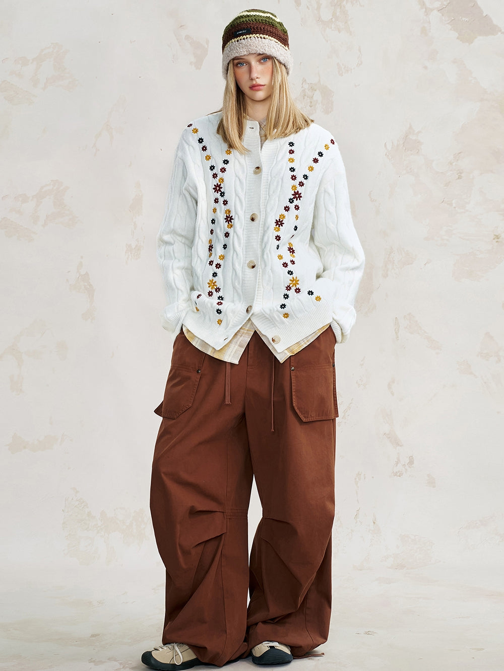 Flower Pattern Jacquard Knit Open Front Cardigan