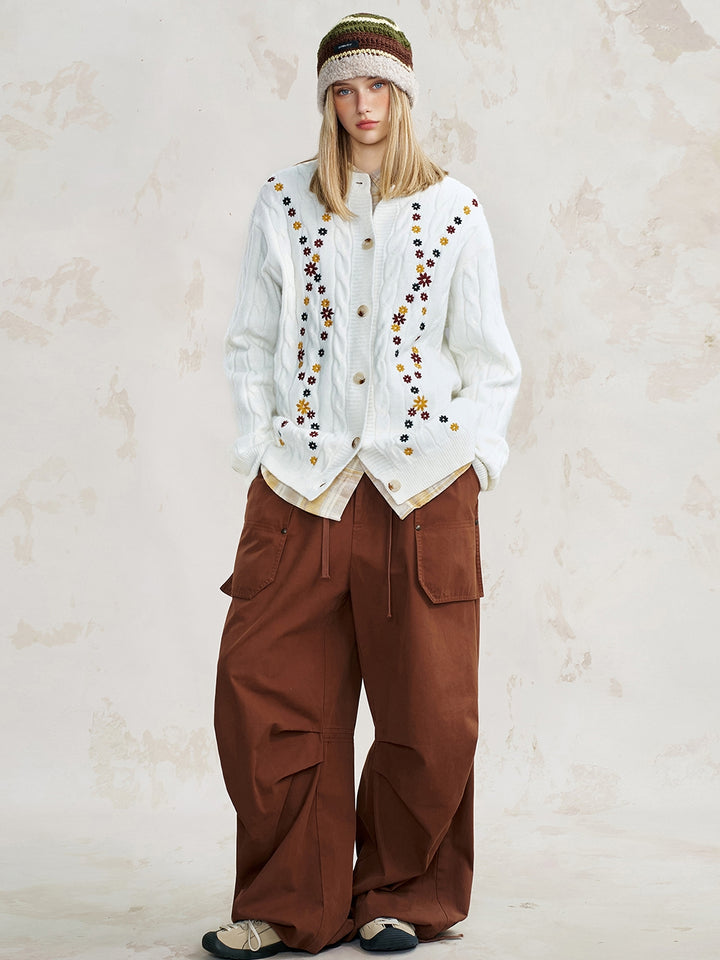 Flower Pattern Jacquard Knit Open Front Cardigan