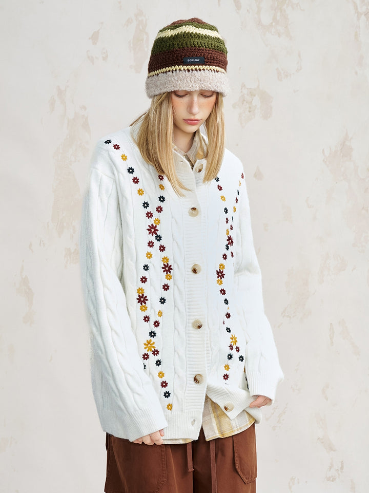 Flower Pattern Jacquard Knit Open Front Cardigan