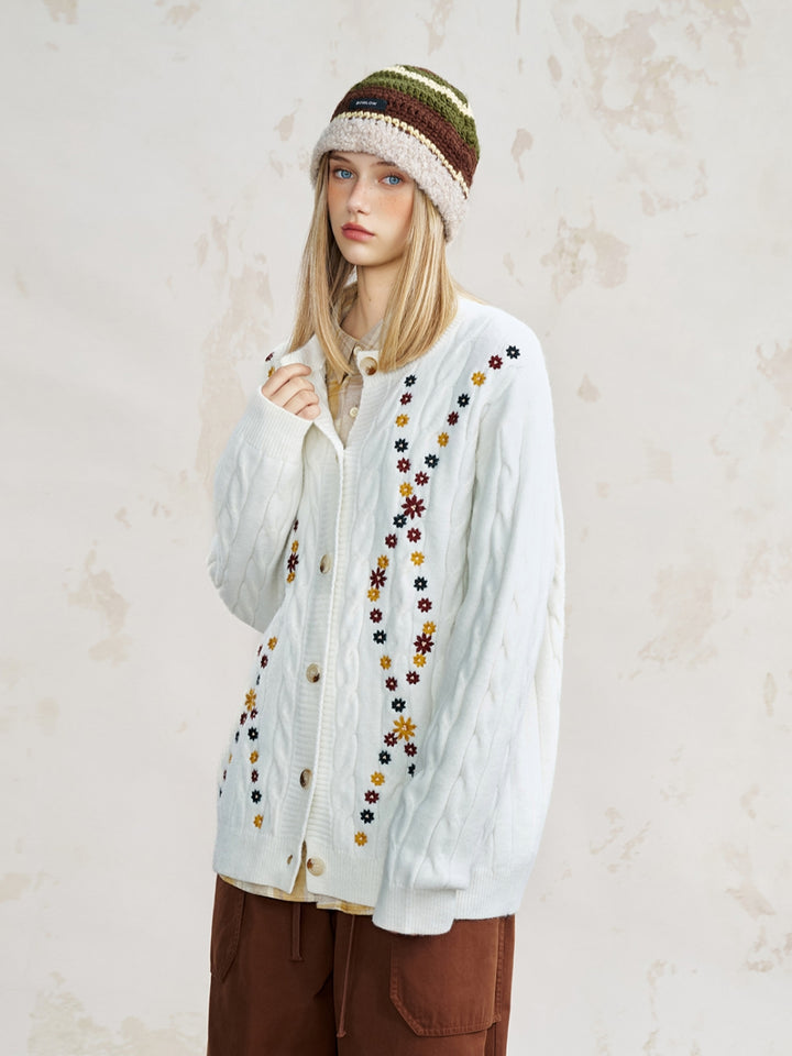 Flower Pattern Jacquard Knit Open Front Cardigan