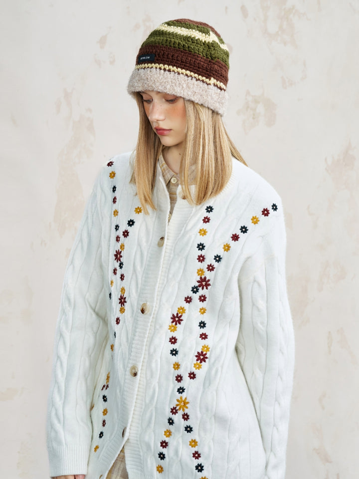 Flower Pattern Jacquard Knit Open Front Cardigan