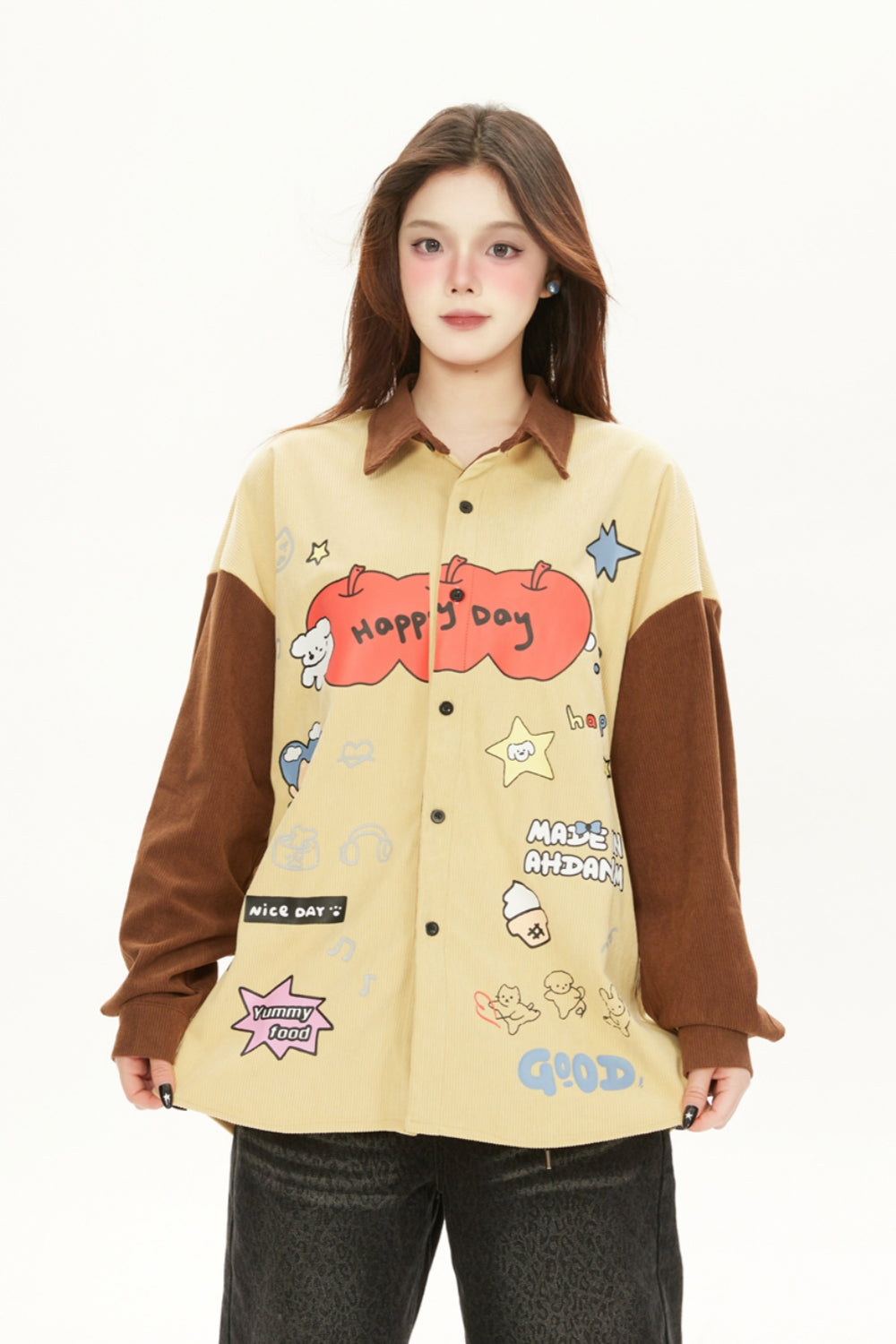 Fun Cartoon Print Corduroy Shirt Top