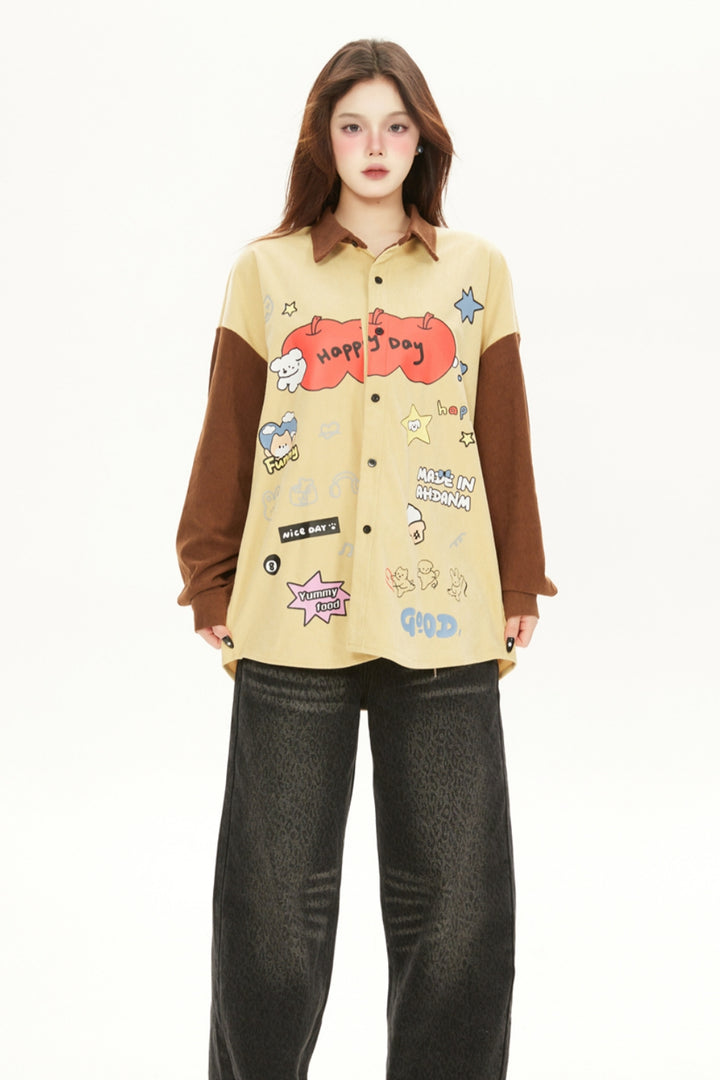 Fun Cartoon Print Corduroy Shirt Top