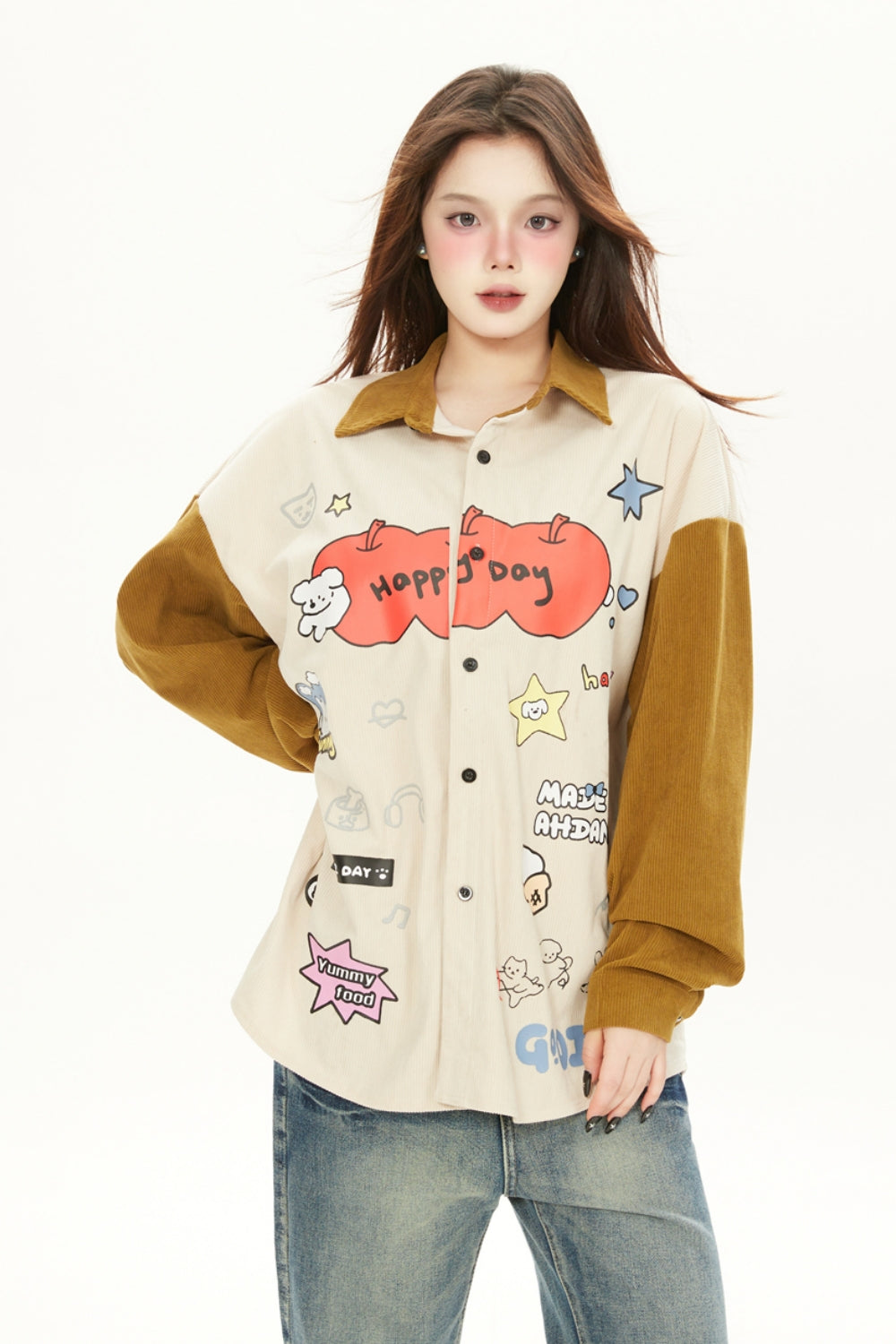 Fun Cartoon Print Corduroy Shirt Top