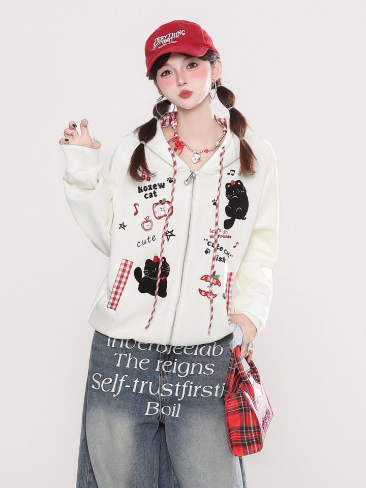 Fun Embroidered Cat Hoodie Top