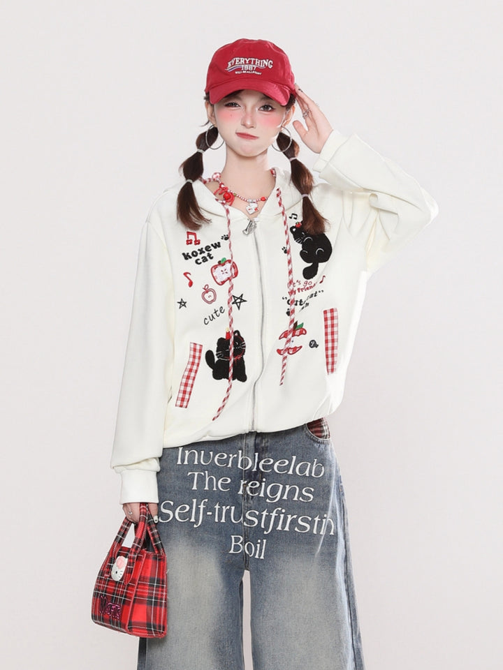 Fun Embroidered Cat Hoodie Top