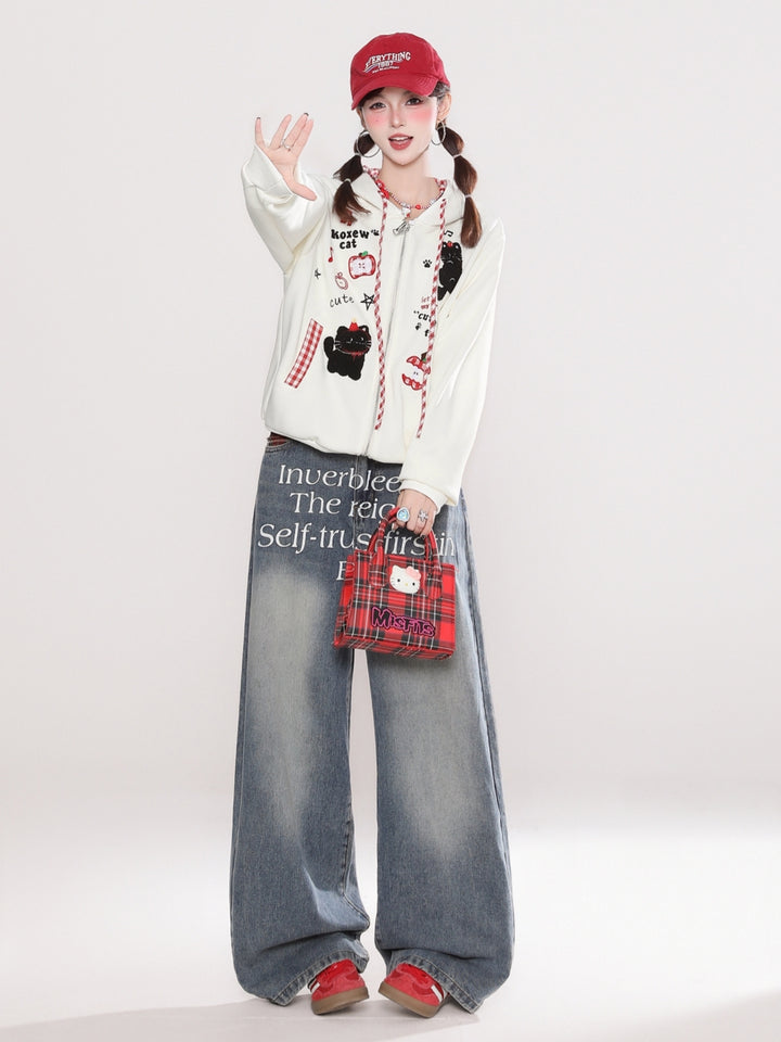 Fun Embroidered Cat Hoodie Top