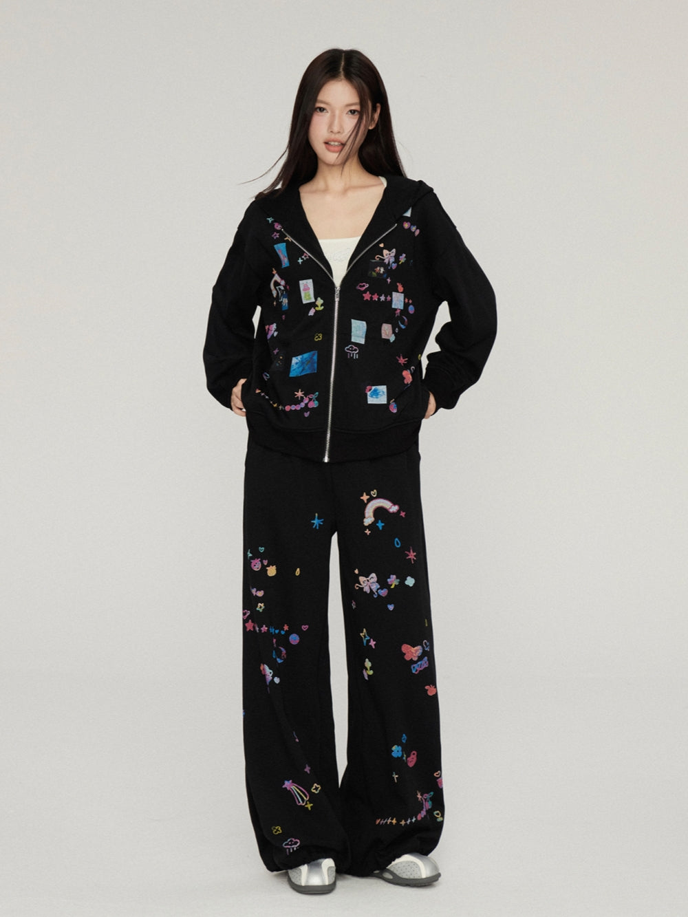 Funny Sticker Print Zip-Up Hoodie Jacket