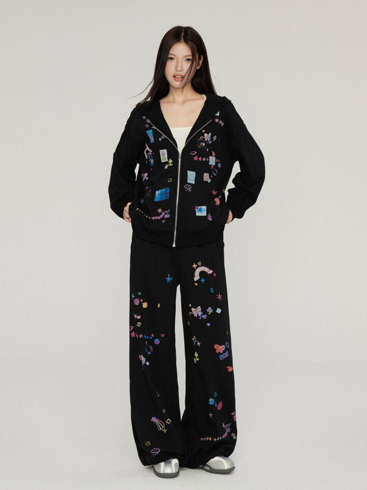 Funny Sticker Print Zip-Up Hoodie Jacket