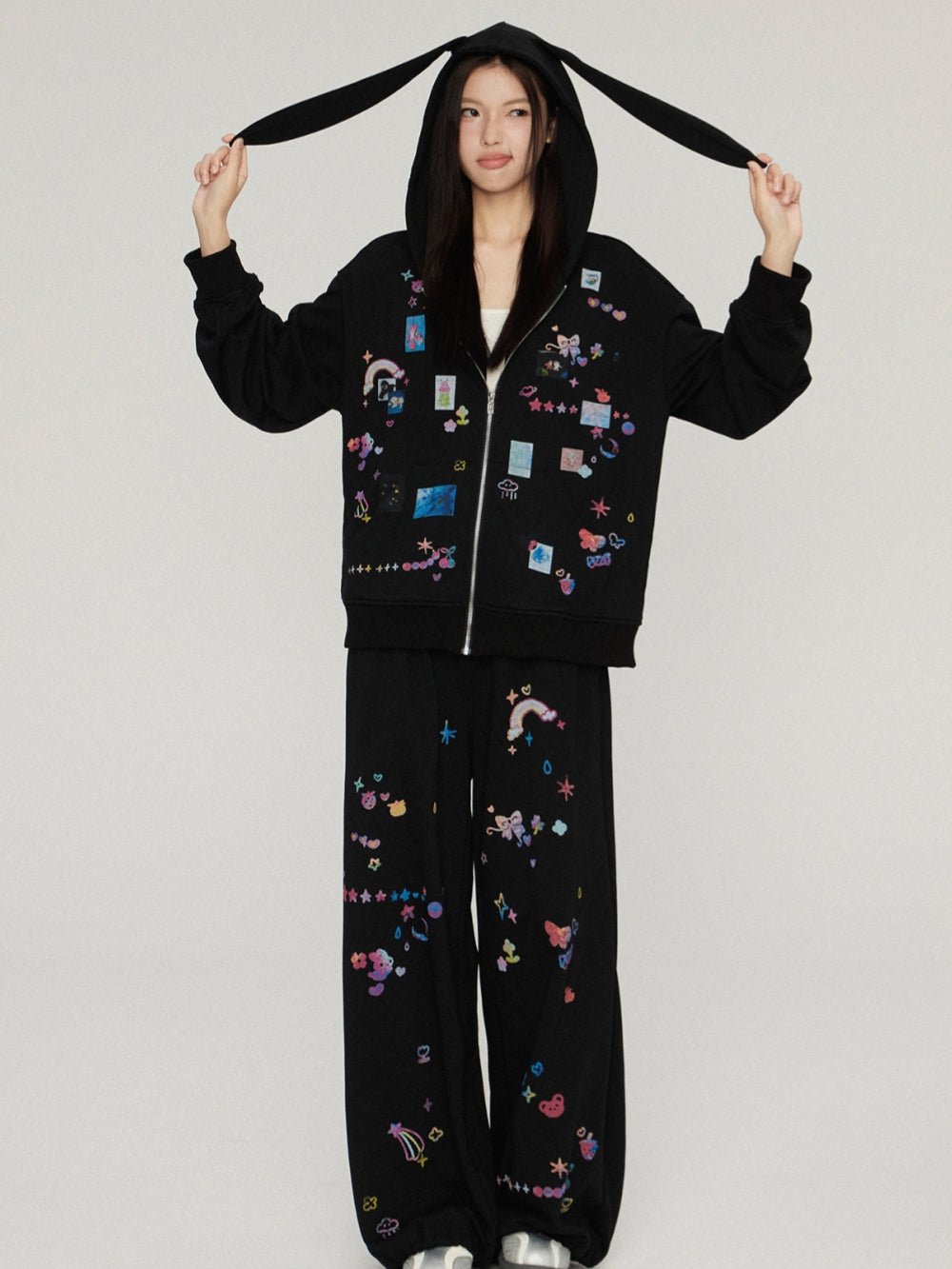 Funny Sticker Print Zip-Up Hoodie Jacket