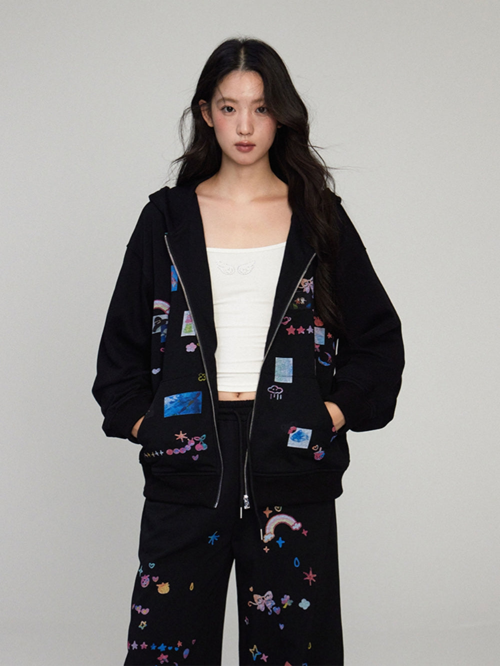 Funny Sticker Print Zip-Up Hoodie Jacket