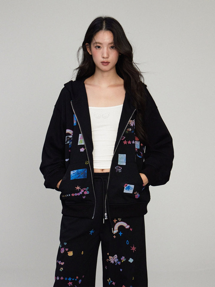 Funny Sticker Print Zip-Up Hoodie Jacket