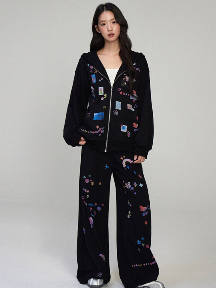 Funny Sticker Print Zip-Up Hoodie Jacket