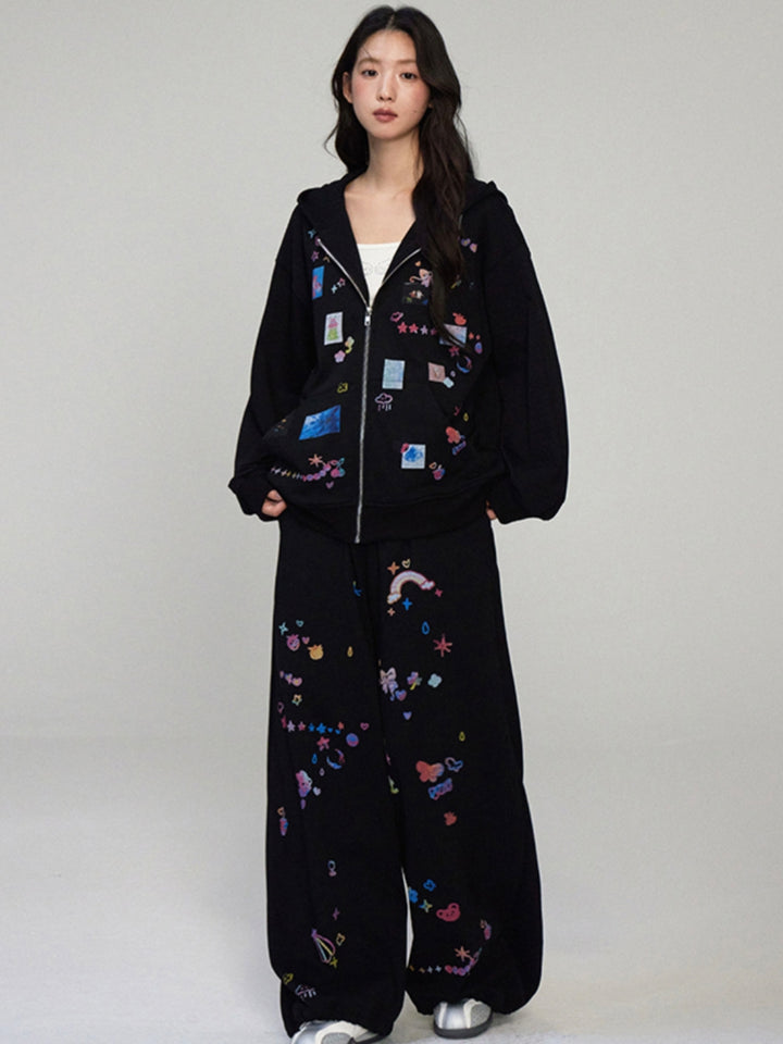 Funny Sticker Print Zip-Up Hoodie Jacket